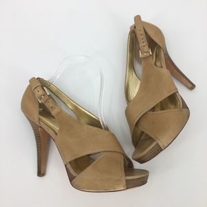 Coach Tan Leather Adelle Open Toe Pump Heels sz 9 excellent used condition